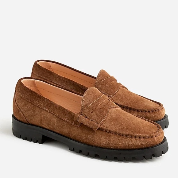 J crew Winona lug-sole penny loafers in suede rich toffee - Picture 1 of 5